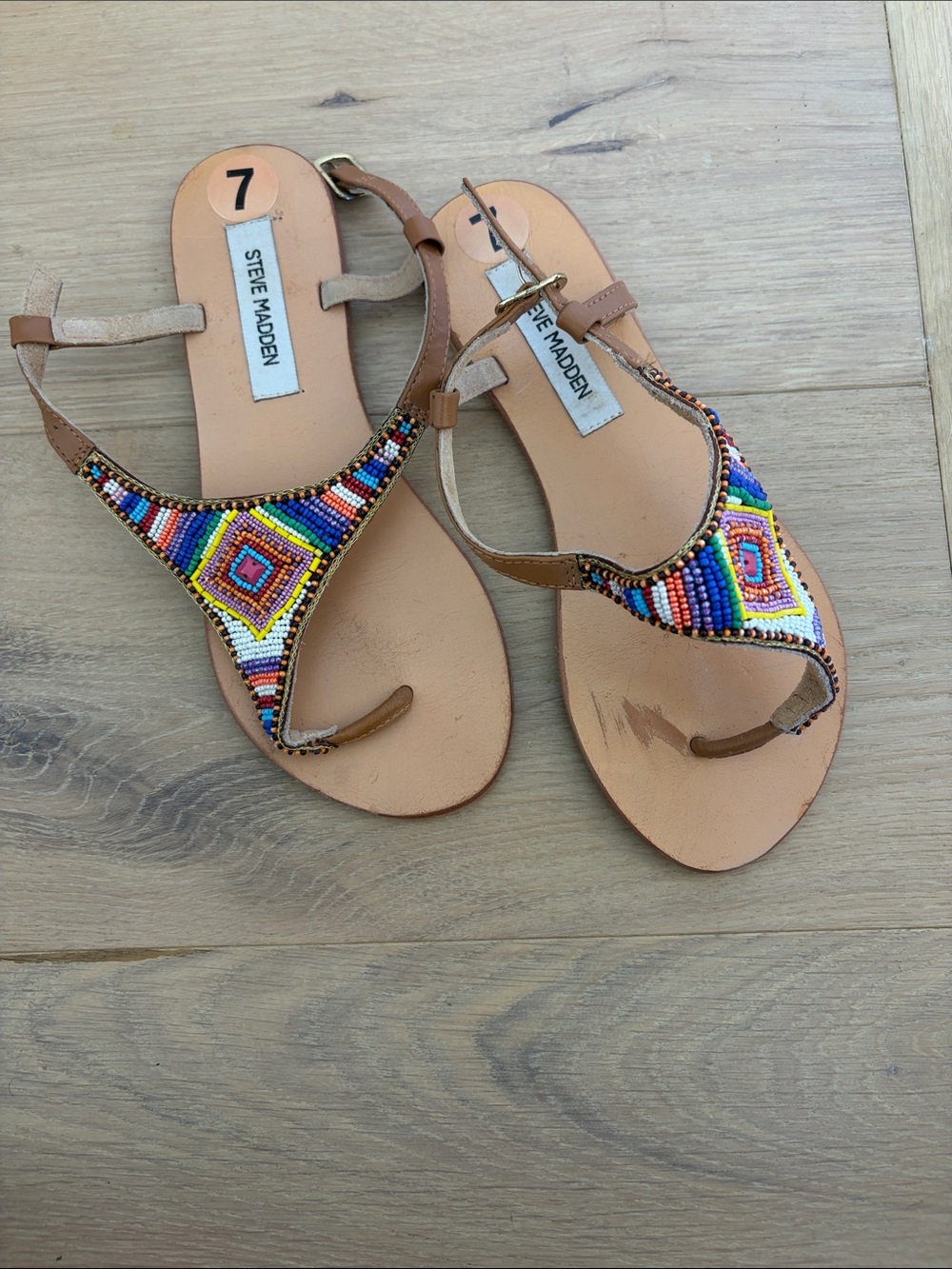 Steve Madden Tan Beaded T-Strap Sandals - Multicolor Beadwork